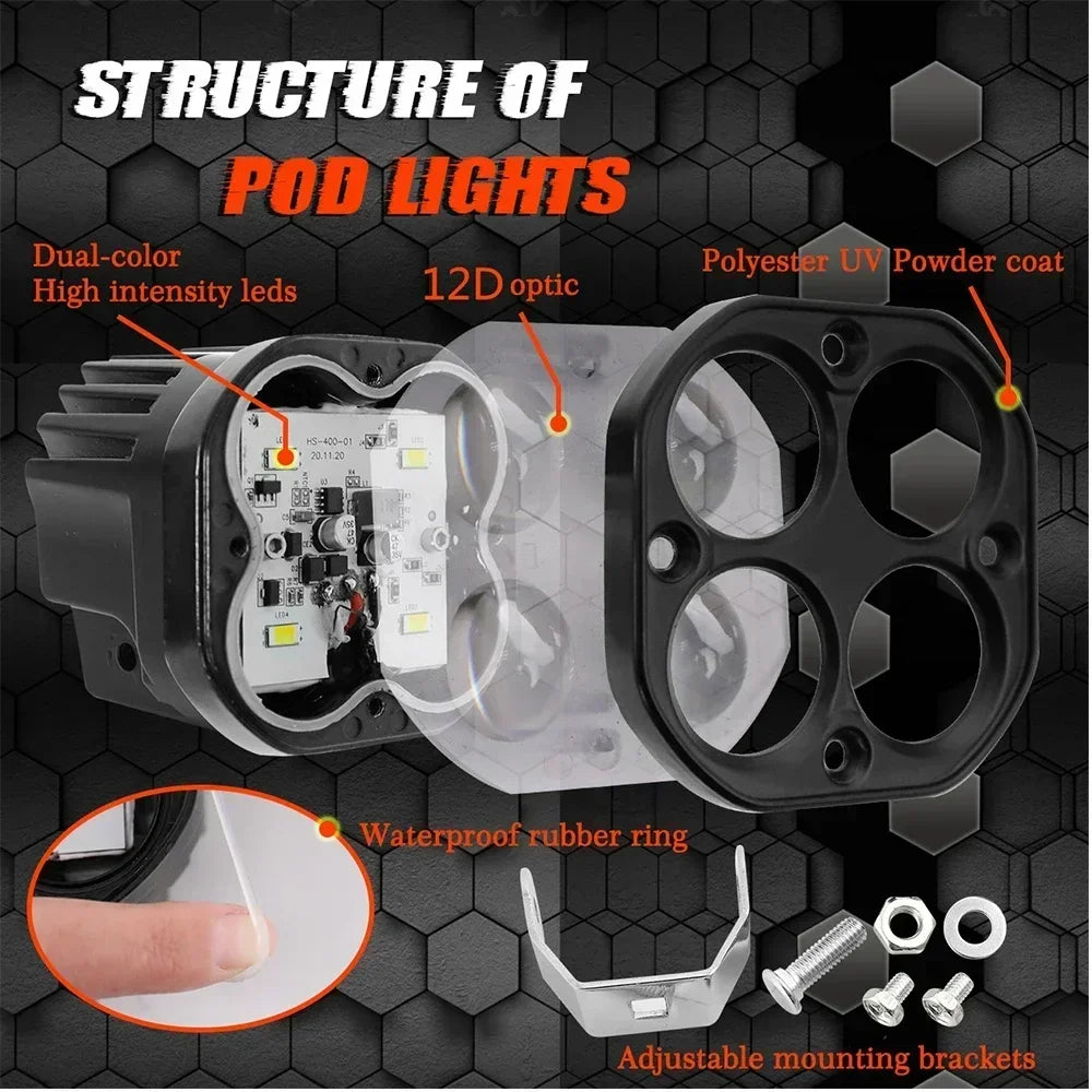 4 Led Work Spotlights 9V To 36V  Super Bright Headlights Motorcycles