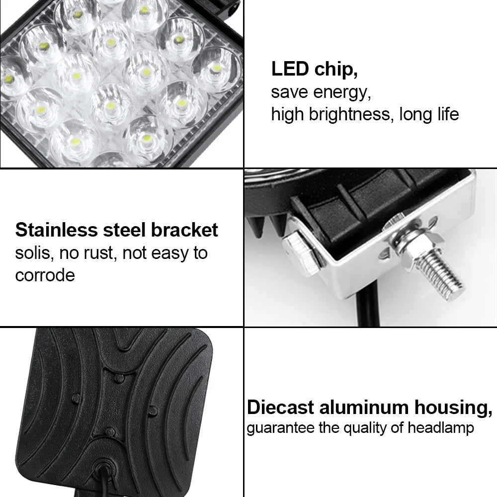 12V Waterproof Led Work Light Bar Square Spotlight 48W Work Light