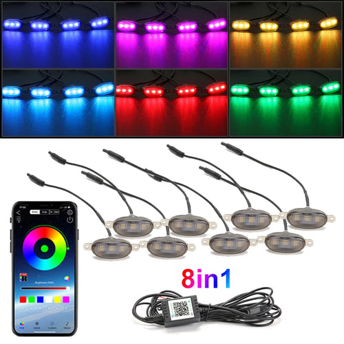 8PCS Front Grille LED Signal Lamps APP Control RGB Flashing Emergency