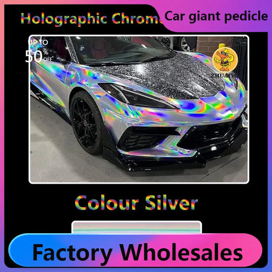 1.52X18M Stretchable Silver Holographic Chrome vinyl Wrap