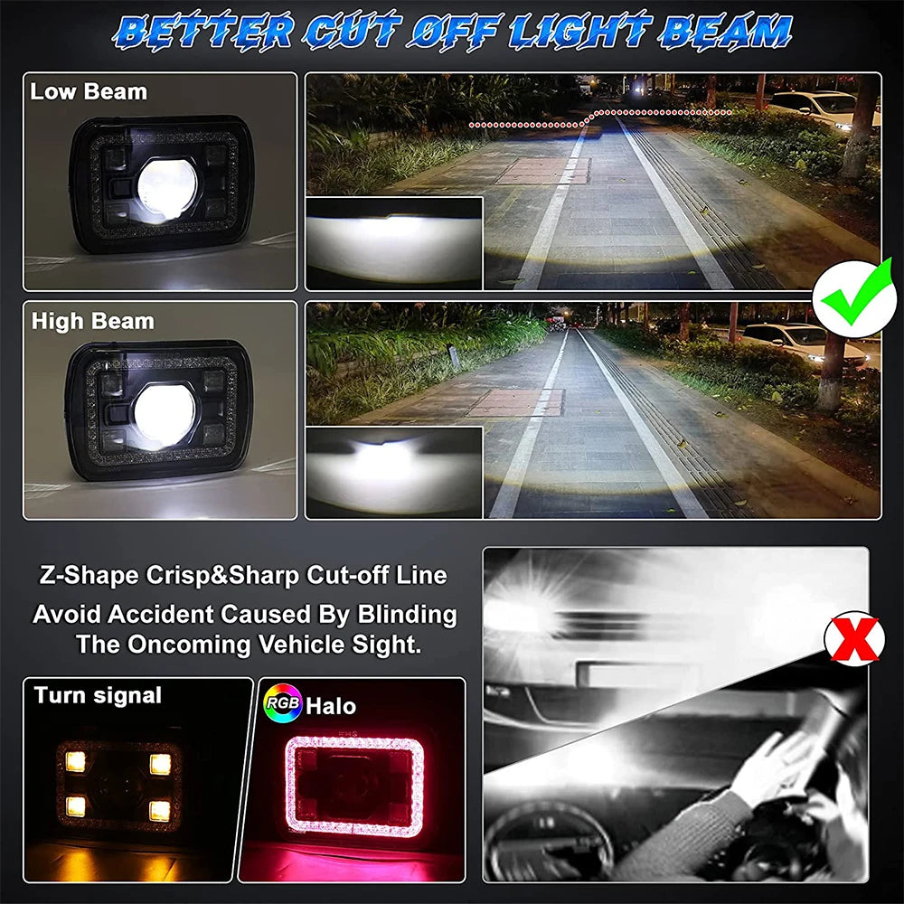 5x7 Inch Square Headlights RGB DRL 2Pcs Compatible with Jeep Wrangler