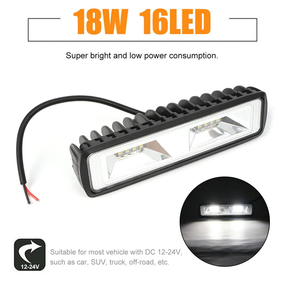 2X 18W 12V 16LED Work Light Bulb Spot Beam Bar Car SUV Off Road