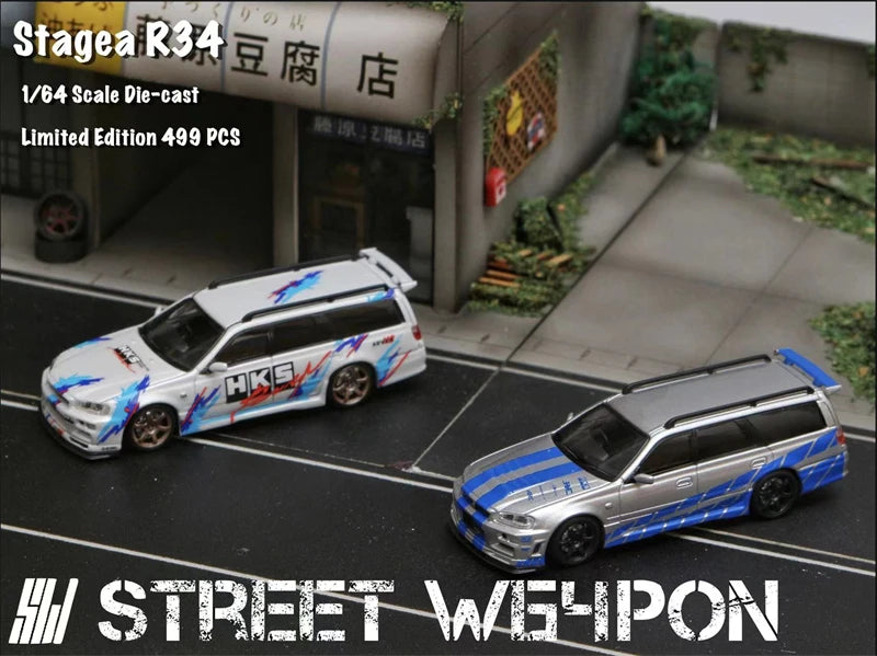 Street Weapon 1:64  STAGEA R34 Silver speed /White HKS limited499