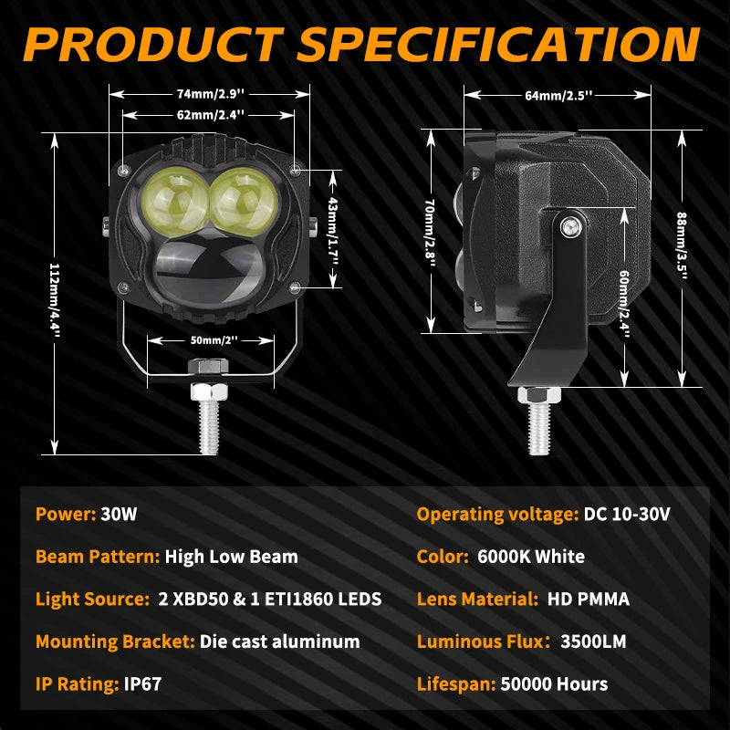 30W 3 inch LED Pods Sqaure Work Light Lens Driving Lamp High Low Fog