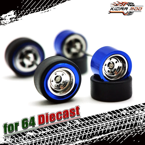 1/64 Alloy Rims Wheels Set for Diecast Model Car, Rubber Tires