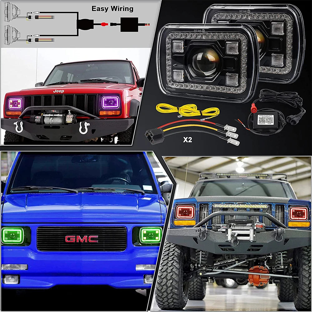 5x7 Inch Square Headlights RGB DRL 2Pcs Compatible with Jeep Wrangler