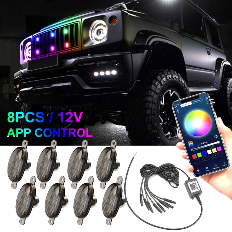 8PCS Front Grille LED Signal Lamps APP Control RGB Flashing Emergency