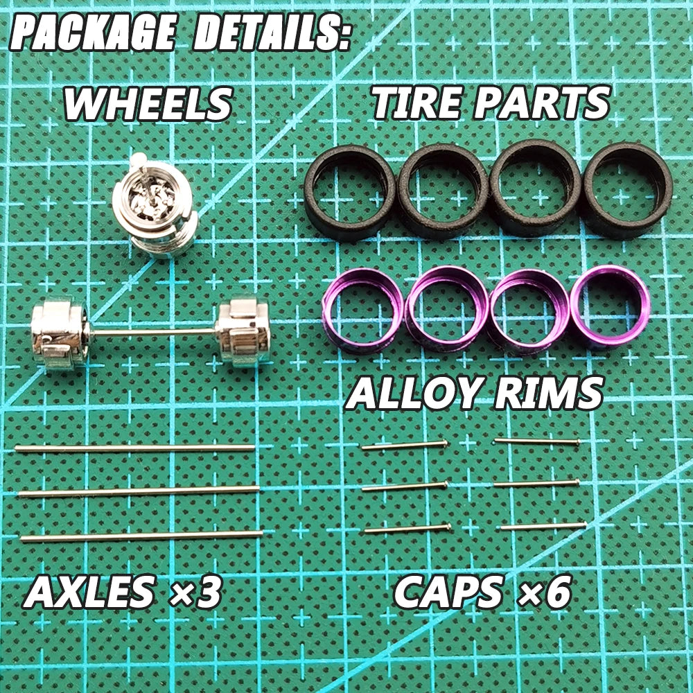 1/64 Alloy Rims Wheels Set for Diecast Model Car, Rubber Tires