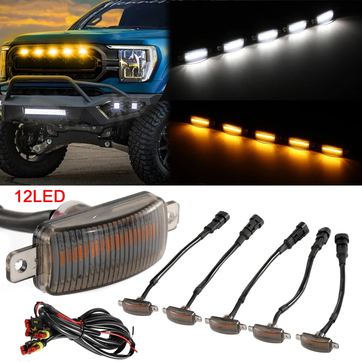 Universal Car LED Grille Light Smoked Amber White 12LED Grill Light