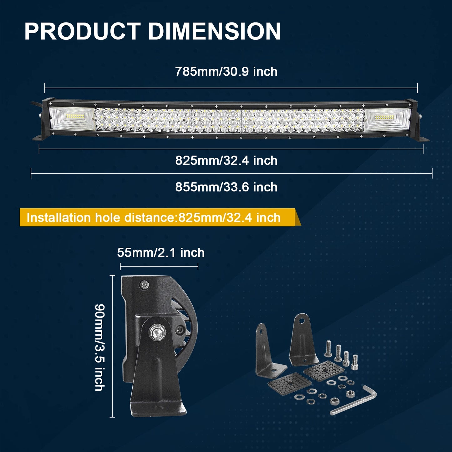 7D 22 - 52in Curved 270W-675W Off Road LED Light Bar with 2x36W Work