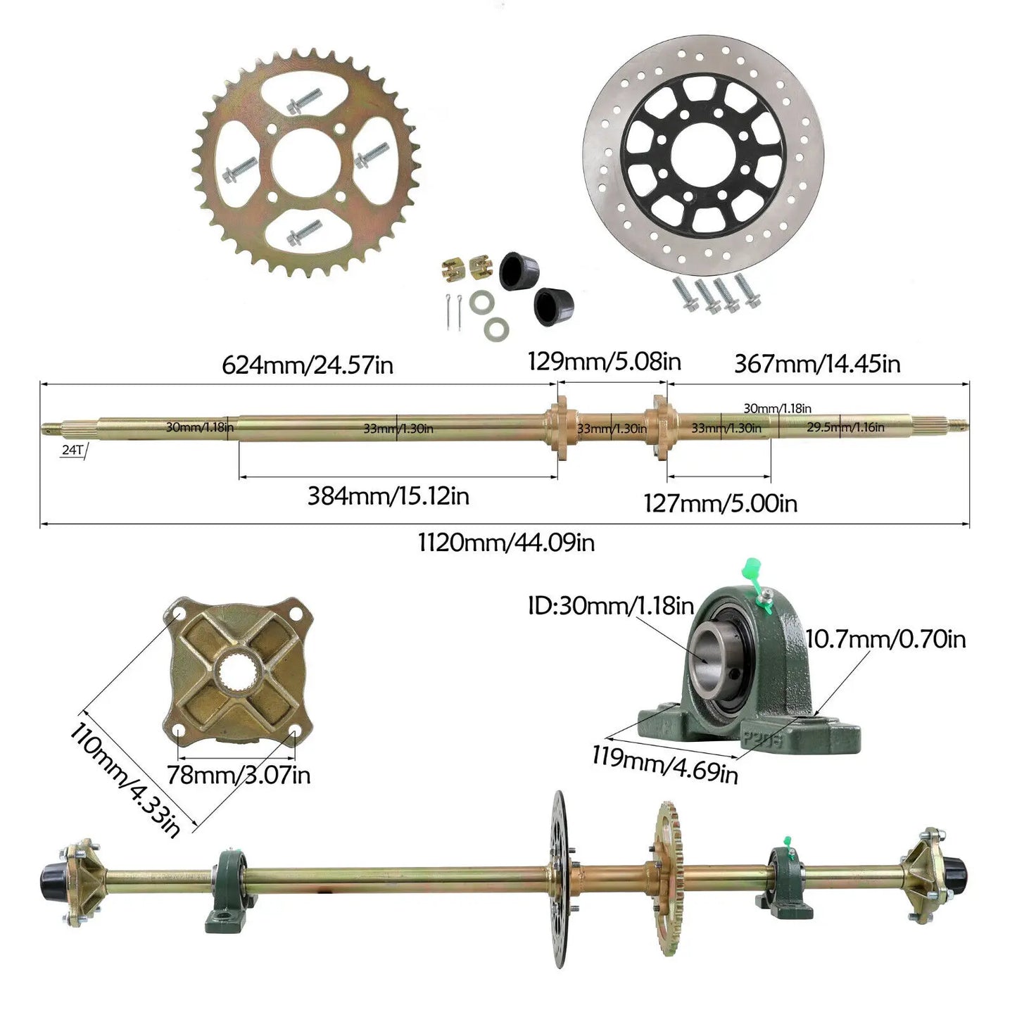 44" Complete Go Kart Rear Live Axle Kit Brake Sprocket Wheel Hub Quad