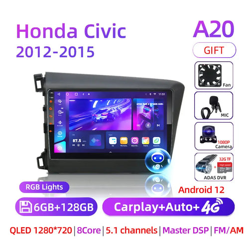 9" Android 12 Car Radio 8 Core For Honda Civic 2012 2013 2014 2015