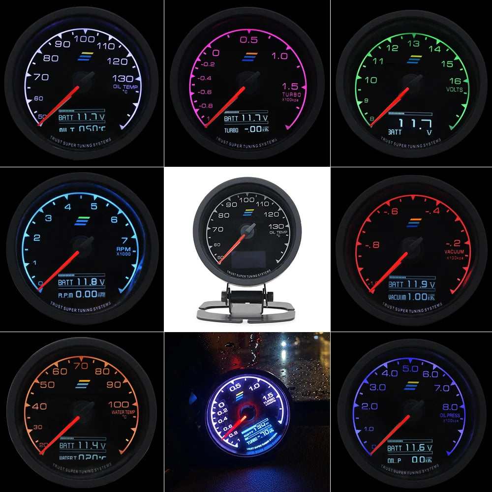 2.5 Inch 7 Color Turbo Boost Gauge Car Multi LCD Digital Display