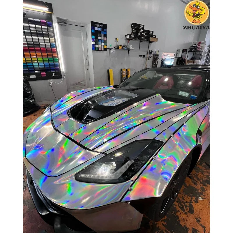 1.52X18M Stretchable Silver Holographic Chrome vinyl Wrap