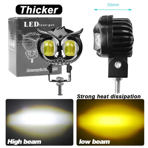 60W LED Motorcycle Headlight Work Light Owl 6000K 3500K White Yellow