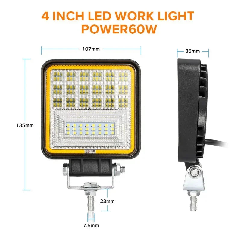 White Plus Yellow Square Round LED Light with Aperture Off-road