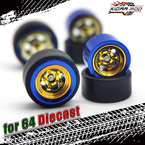 1/64 Alloy Rims Wheels Set for Diecast Model Car, Rubber Tires