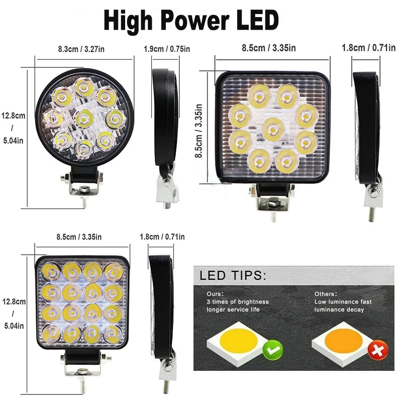 9 LED 27W 16 LED 48W Spot Work Light 12V 24V Car LED Spotlight Square