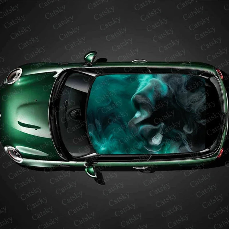 Abstract Green Smoke Car Roof Sticker Wrap Racing SUV Accessories