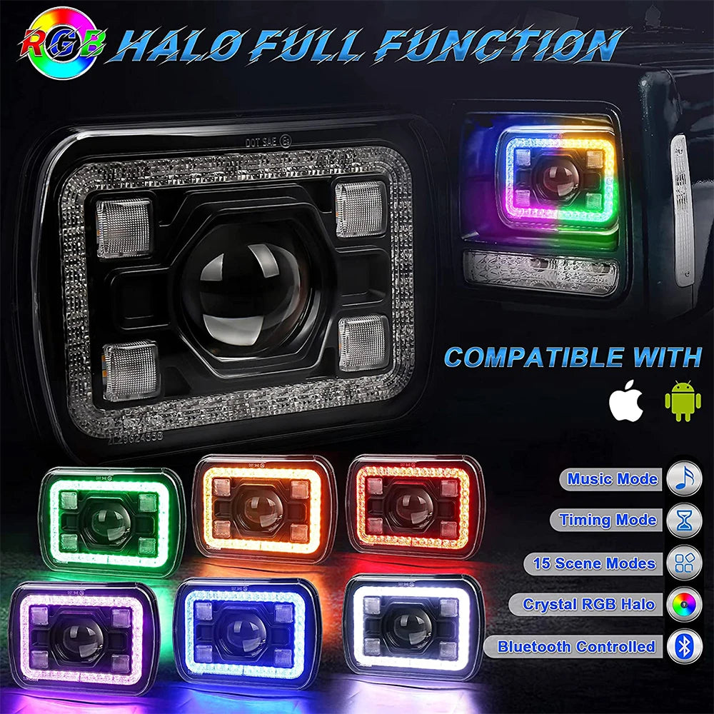 5x7 Inch Square Headlights RGB DRL 2Pcs Compatible with Jeep Wrangler