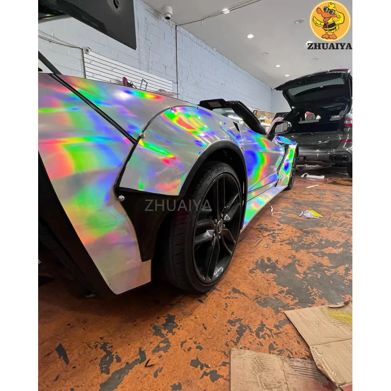 1.52X18M Stretchable Silver Holographic Chrome vinyl Wrap