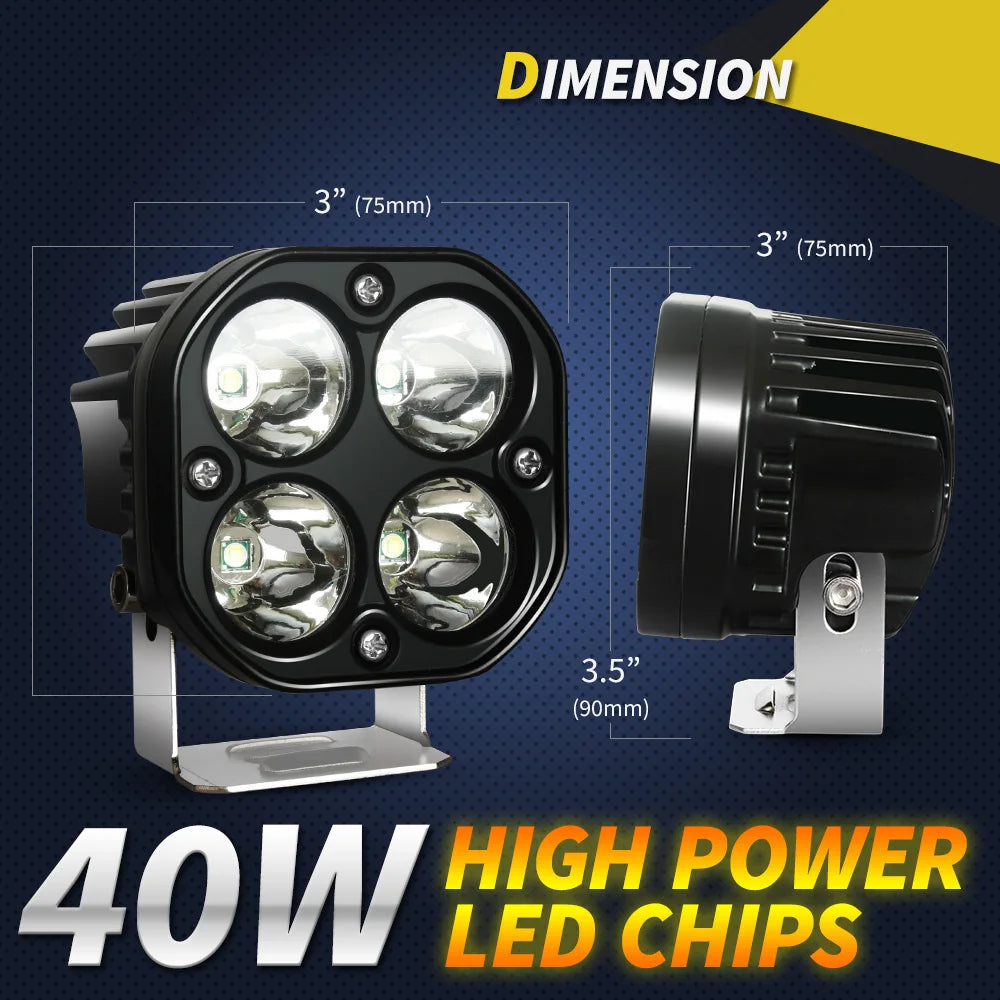 Universal 3 Inch 40W Yellow White LED Work Light Square Waterproof